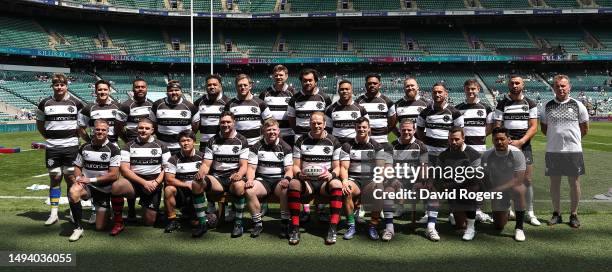 The Barbarian team pose for a team photograph during the Killik Cup match between Barbarians and a World XV at Twickenham Stadium on May 28, 2023 in...