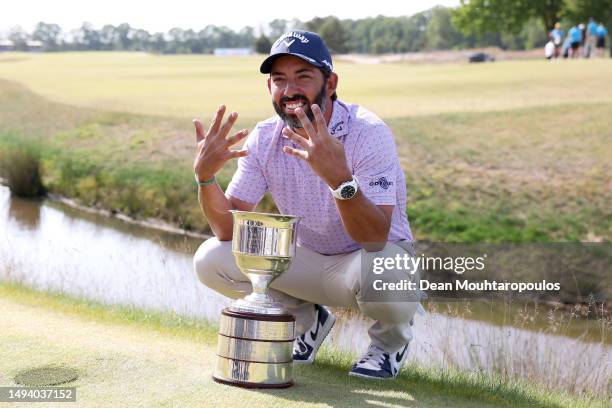 Pablo Larrazabal of Spain celebrates with the trophy during Day Four of the KLM Open at Bernardus Golf on May 28, 2023 in Netherlands.