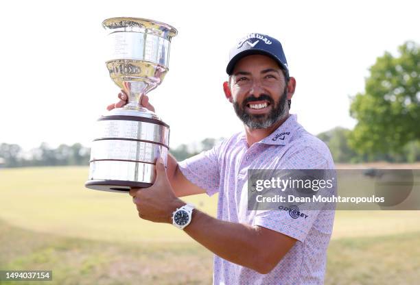 Pablo Larrazabal of Spain celebrates with the trophy during Day Four of the KLM Open at Bernardus Golf on May 28, 2023 in Netherlands.