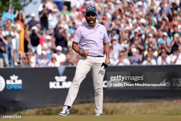 Pablo Larrazabal of Spain celebrates on the 18th green during Day Four of the KLM Open at Bernardus Golf on May 28, 2023 in Netherlands.