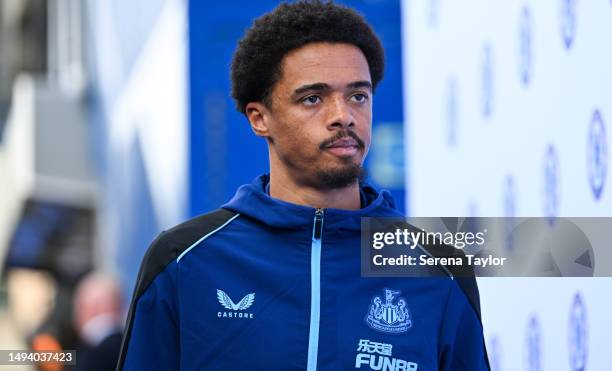 Jamal Lewis of Newcastle United arrives for the Premier League match between Chelsea FC and Newcastle United at Stamford Bridge on May 28, 2023 in...