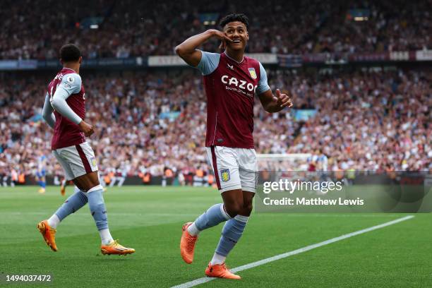 Ollie Watkins of Aston Villa celebrates after scoring the team's second goal during the Premier League match between Aston Villa and Brighton & Hove...