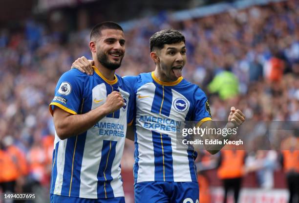 Deniz Undav of Brighton & Hove Albion celebrates a goal that is later disallowed alongside teammate Julio Enciso during the Premier League match...