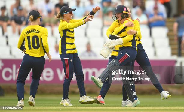 Bryony Smith of South East Stars celebrates the wicket of Alex Griffiths of Western Storm during the Charlotte Edwards Cup match between Western...