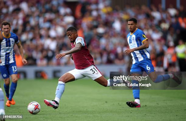 Leon Bailey of Aston Villa controls the ball during the Premier League match between Aston Villa and Brighton & Hove Albion at Villa Park on May 28,...