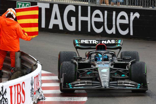 F1 Grand Prix of MonacoMONTE-CARLO, MONACO - MAY 28: George Russell of Great Britain driving the (63) Mercedes AMG Petronas F1 Team W14 on track during the F1 Grand Prix of Monaco at Circuit de Monaco on May 28, 2023 in Monte-Carlo, Monaco. Formula 1