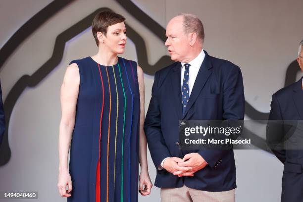 Prince Albert of Monaco and Princess Charlene of Monaco are seen on the podium during the F1 Grand Prix of Monaco at Circuit de Monaco on May 28,...