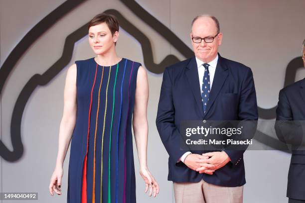 Prince Albert of Monaco and Princess Charlene of Monaco are seen on the podium during the F1 Grand Prix of Monaco at Circuit de Monaco on May 28,...