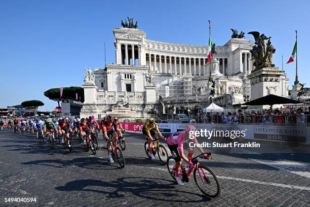 Primoz Roglič of Slovenia and Team Jumbo-Visma - Pink Leader Jersey competes at the Piazza Venezia during the 106th Giro d'Italia 2023, Stage 21 a...