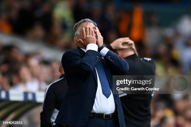 Sam Allardyce, Manager of Leeds United, reacts during the Premier League match between Leeds United and Tottenham Hotspur at Elland Road on May 28,...