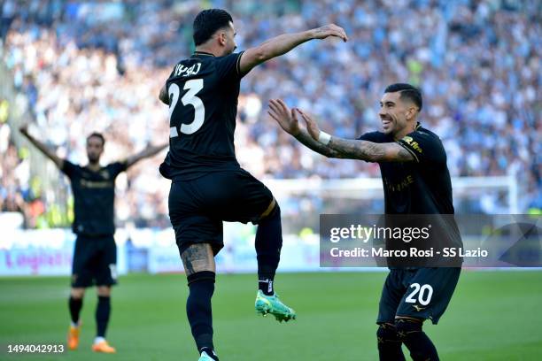 Elseid Hysaj of SS Lazio celebrates a opening goal with his team mates during the Serie A match between SS Lazio and US Cremonese at Stadio Olimpico...