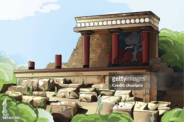 ilustraciones, imágenes clip art, dibujos animados e iconos de stock de antiguo knossos palace. - minotauro
