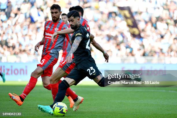 Elseid Hysaj of SS Lazio scores a opening goal during the Serie A match between SS Lazio and US Cremonese at Stadio Olimpico on May 28, 2023 in Rome,...