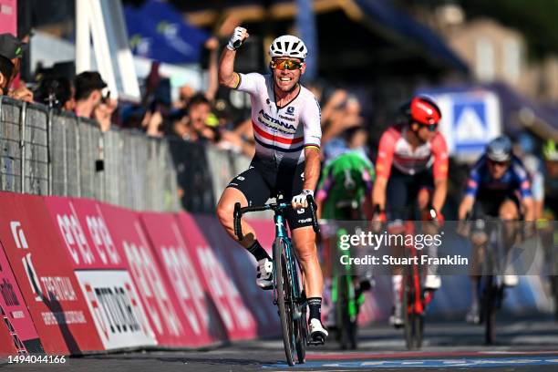 Mark Cavendish of The United Kingdom and Astana Qazaqstan Team celebrates at finish line as stage winner during the 106th Giro d'Italia 2023, Stage...