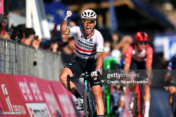 Mark Cavendish of The United Kingdom and Astana Qazaqstan Team celebrates at finish line as stage winner during the 106th Giro d'Italia 2023, Stage...