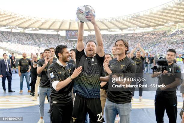 Antonio Candreva, Stefan Radu and Stefano Mauri former of SS Lazio player celebrates with his supporters the tenth anniversary prior the conquest of...