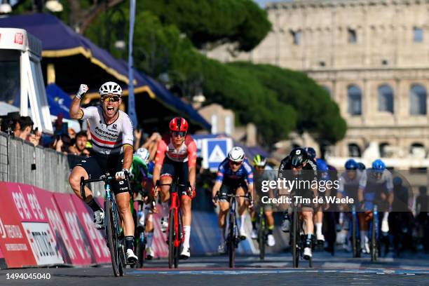 LMark Cavendish of The United Kingdom and Astana Qazaqstan Team celebrates at finish line as stage winner ahead of Alex Kirsch of Luxembourg and Team...