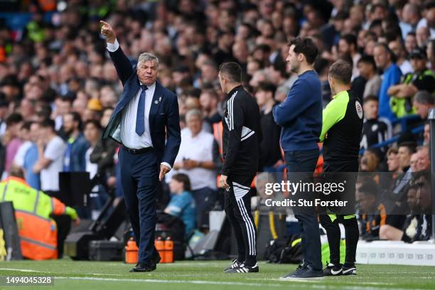 Sam Allardyce, Manager of Leeds United, reacts during the Premier League match between Leeds United and Tottenham Hotspur at Elland Road on May 28,...