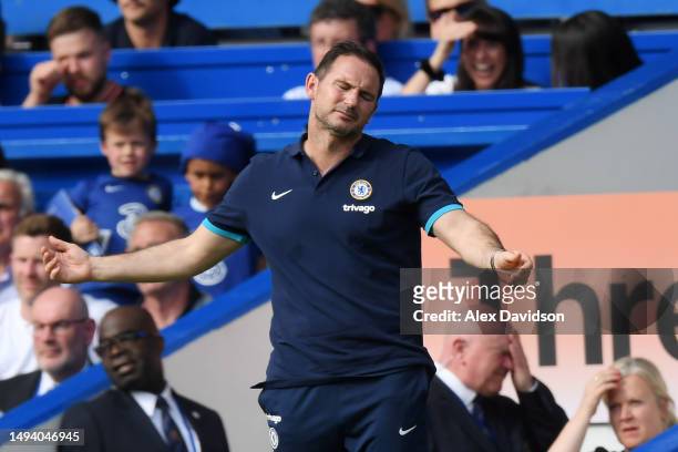 Frank Lampard, Caretaker Manager of Chelsea, reacts during the Premier League match between Chelsea FC and Newcastle United at Stamford Bridge on May...