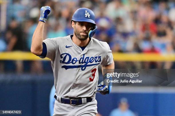 Chris Taylor of the Los Angeles Dodgers reacts after hitting home run in the second inning against the Tampa Bay Rays at Tropicana Field on May 28,...