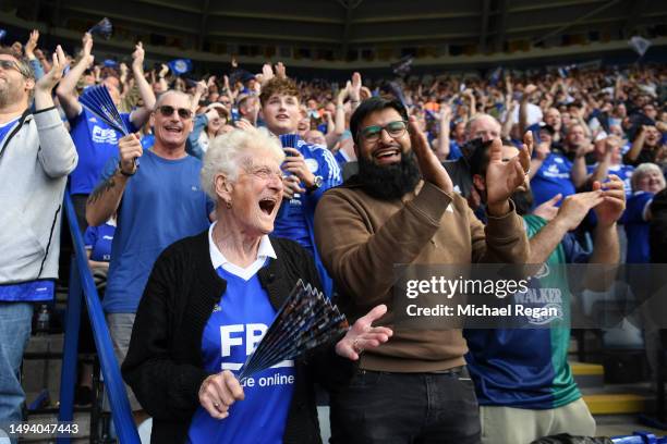 Leicester City fans show their support during the Premier League match between Leicester City and West Ham United at The King Power Stadium on May...