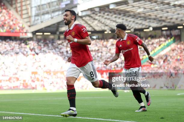 Bruno Fernandes of Manchester United celebrates after scoring the team's second goal during the Premier League match between Manchester United and...