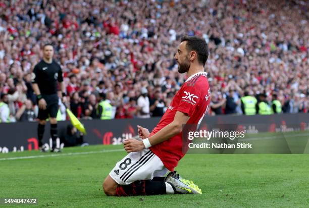 Bruno Fernandes of Manchester United celebrates after scoring the team's second goal during the Premier League match between Manchester United and...