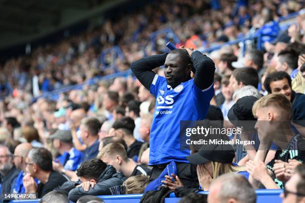 Leicester City fan reacts during the Premier League match between Leicester City and West Ham United at The King Power Stadium on May 28, 2023 in...