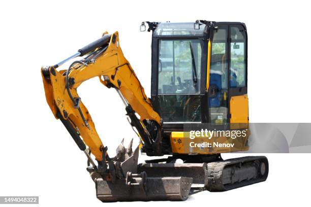 mini excavator isolated on white background - vehicle scoop stock pictures, royalty-free photos & images