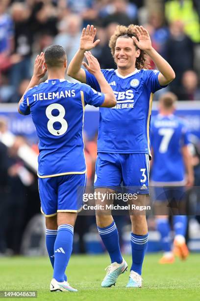 Wout Faes of Leicester City celebrates after scoring the team's second goal during the Premier League match between Leicester City and West Ham...