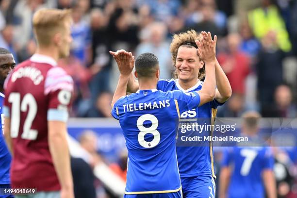 Wout Faes of Leicester City celebrates after scoring the team's second goal during the Premier League match between Leicester City and West Ham...