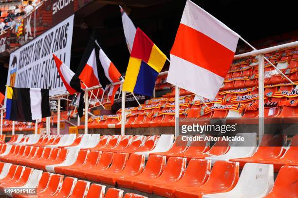 Empty seats are seen inside the stadium where a banner reads "Juntos Contra El Racism Together against Racism" prior to the LaLiga Santander match...