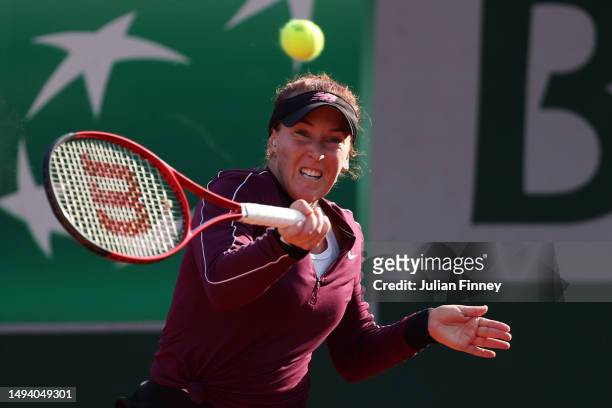 Madison Brengle of United States plays a forehand against Mayar Sherif of Egypt during their Women's Singles First Round match on Day One of the 2023...