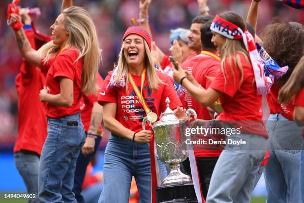 Atletico Madrid women's team celebrate their recent victory in the Copa De La Reina final against Real Madrid prior to the LaLiga Santander match...