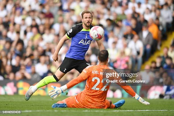 Harry Kane of Tottenham Hotspur scores the team's third goal during the Premier League match between Leeds United and Tottenham Hotspur at Elland...