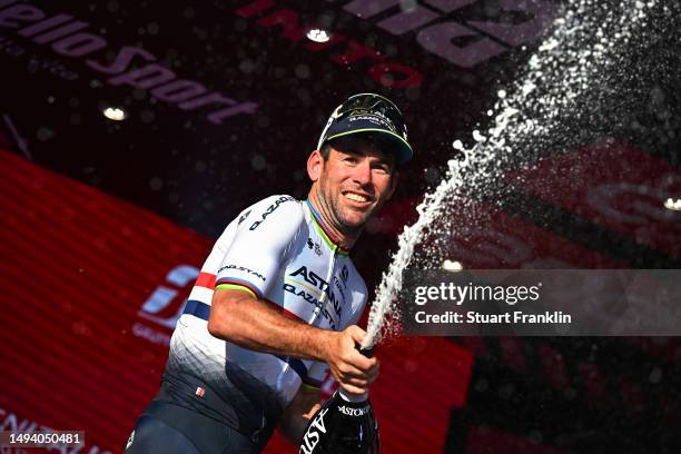 Mark Cavendish of The United Kingdom and Astana Qazaqstan Team celebrates at podium as stage winner during the 106th Giro d'Italia 2023, Stage 21 a...