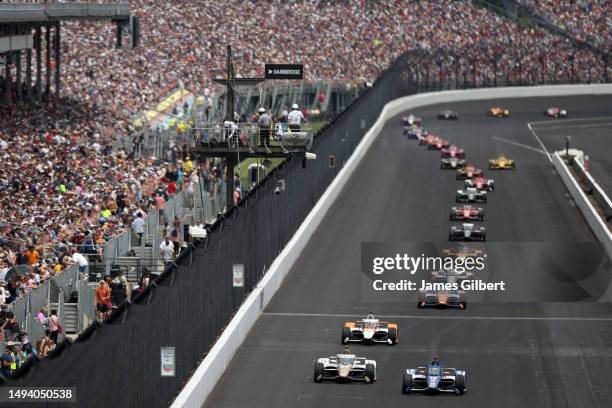 Alex Palou, driver of the The American Legion Chip Ganassi Racing Honda, leads during the 107th Running of Indianapolis 500 at Indianapolis Motor...