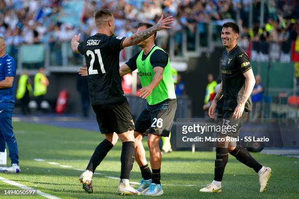 Sergej Milinkovic Savic of SS Lazio celebrates a second goal with his team mates during the Serie A match between SS Lazio and US Cremonese at Stadio...
