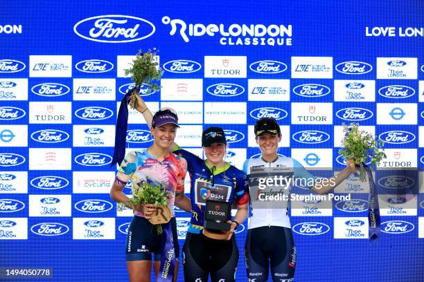 Chloe Dygert of The United States and Team Canyon//SRAM Racing on second place, race winner Charlotte Kool of The Netherlands and Team DSM - Blue...