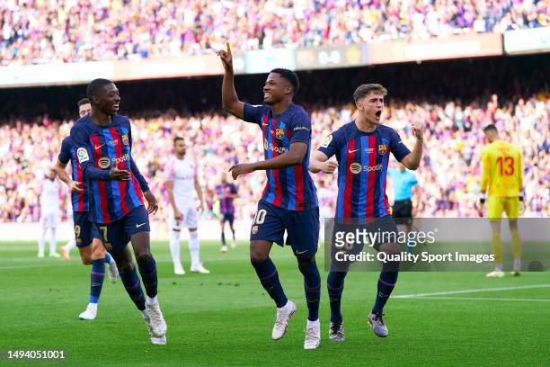 Ansu Fati of FC Barcelona celebrates his team's first goal during the LaLiga Santander match between FC Barcelona and RCD Mallorca at Camp Nou on May...