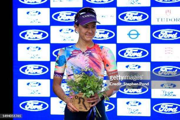 Chloe Dygert of The United States and Team Canyon//SRAM Racing on second place poses on the podium ceremony after the 6th RideLondon Classique 2023,...