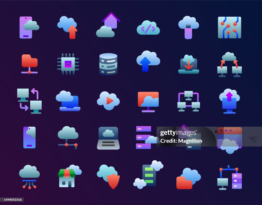 Cloud Server, Cloud Computing, Wireless Technology, Data Analyzing Flat Gradient Icons Set