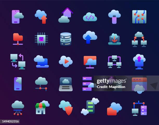 cloud server, cloud computing, wireless technology, data analyzing flat gradient icons set - cybersecurity illustration stock illustrations