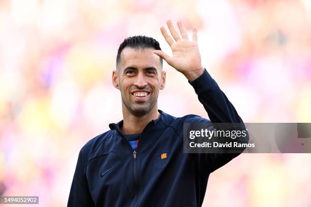 Sergio Busquets of FC Barcelona acknowledges the fans before their last appearance for the club prior to the LaLiga Santander match between FC...