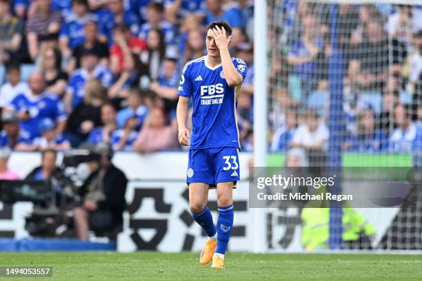 Luke Thomas of Leicester City reacts during the Premier League match between Leicester City and West Ham United at The King Power Stadium on May 28,...