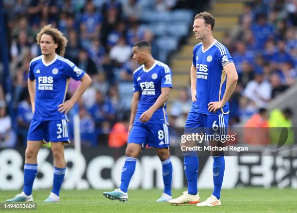 Jonny Evans of Leicester City reacts during the Premier League match between Leicester City and West Ham United at The King Power Stadium on May 28,...