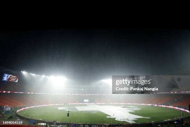 General view as heavy rain delays the start of the 2023 IPL Final match between Chennai Super Kings and Gujarat Titans at Narendra Modi Stadium on...