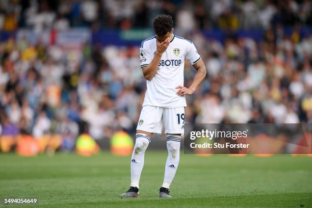 Rodrigo Moreno of Leeds United looks dejected during the Premier League match between Leeds United and Tottenham Hotspur at Elland Road on May 28,...