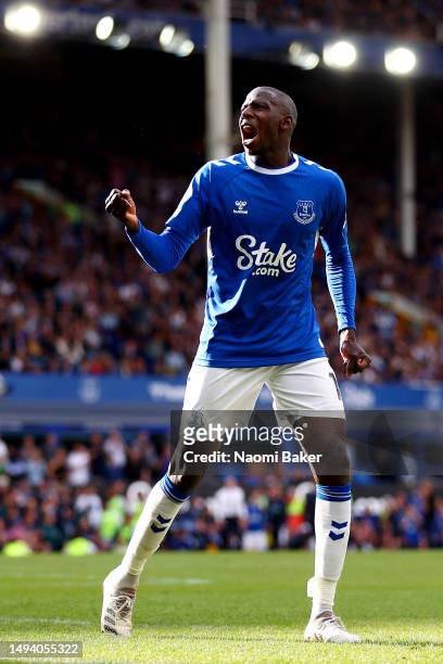 Abdoulaye Doucoure of Everton reacts to the fans during the Premier League match between Everton FC and AFC Bournemouth at Goodison Park on May 28,...