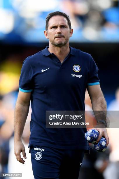 Frank Lampard, Caretaker Manager of Chelsea, looks on after his final game in charge in the Premier League match between Chelsea FC and Newcastle...